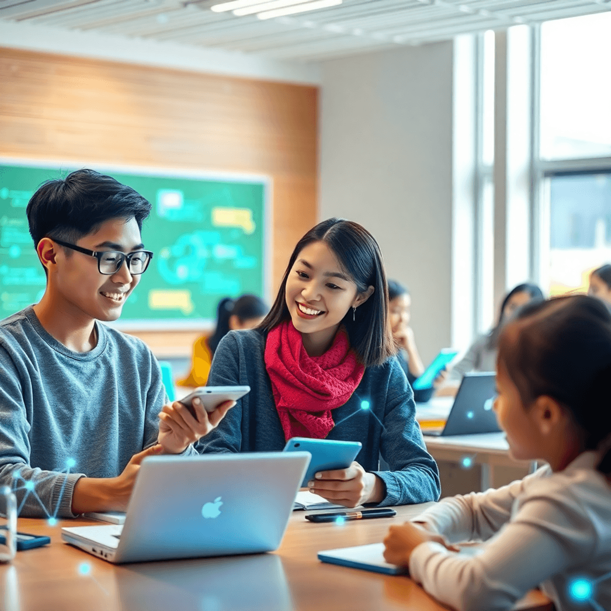 Students in a bright, modern classroom using holographic interfaces and AI devices, connected by glowing network lines symbolizing AI innovation.