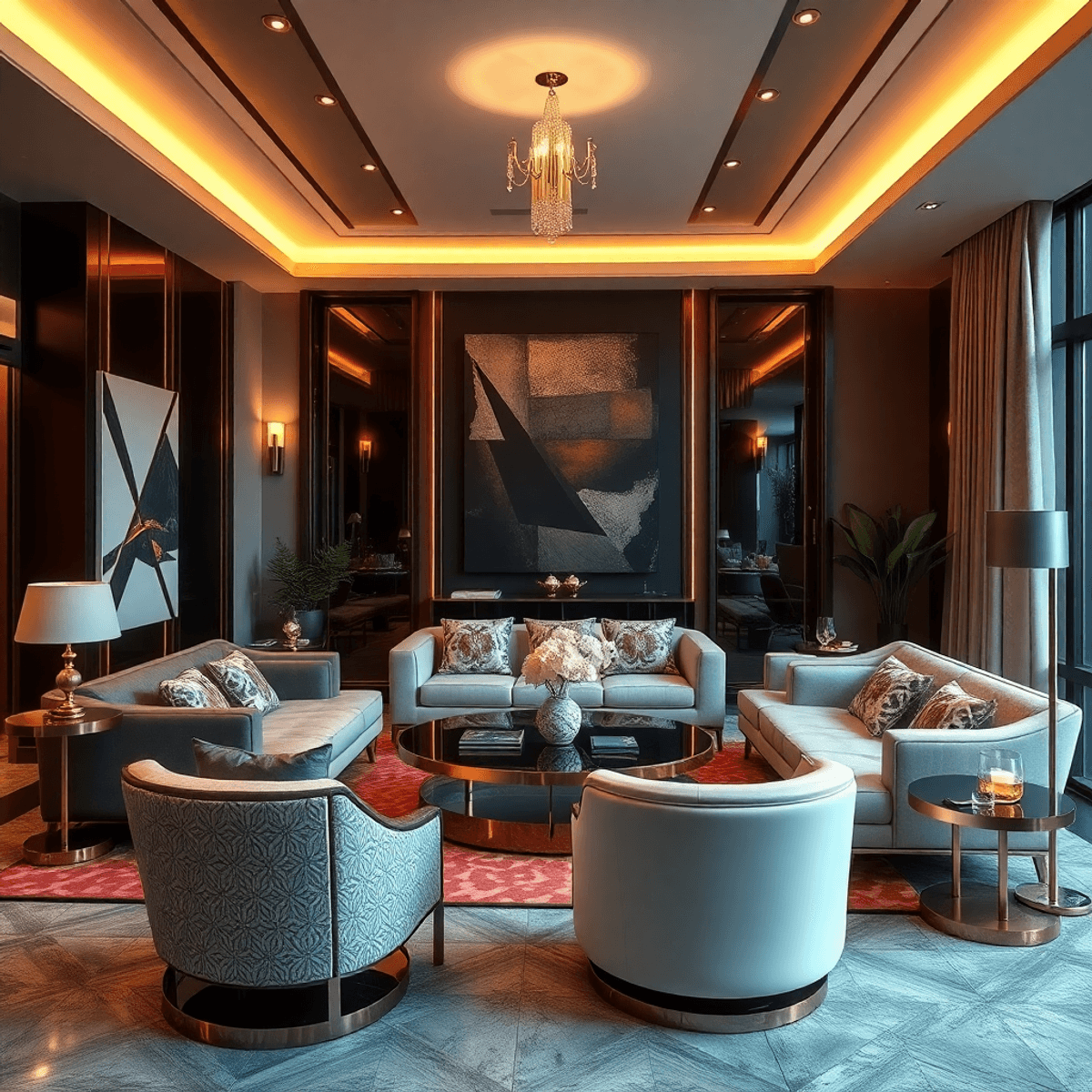 Stylish interior with modern and Art Deco furniture, geometric patterns, metallic accents, luxurious textures, and warm lighting blending vintage g...
