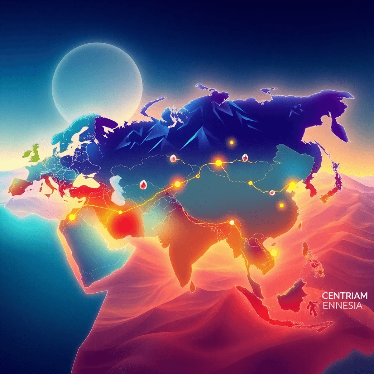 Stylized Eurasian map with glowing trade routes, mineral icons, mountains, and steppes in vibrant colors symbolizing connectivity and global trade.