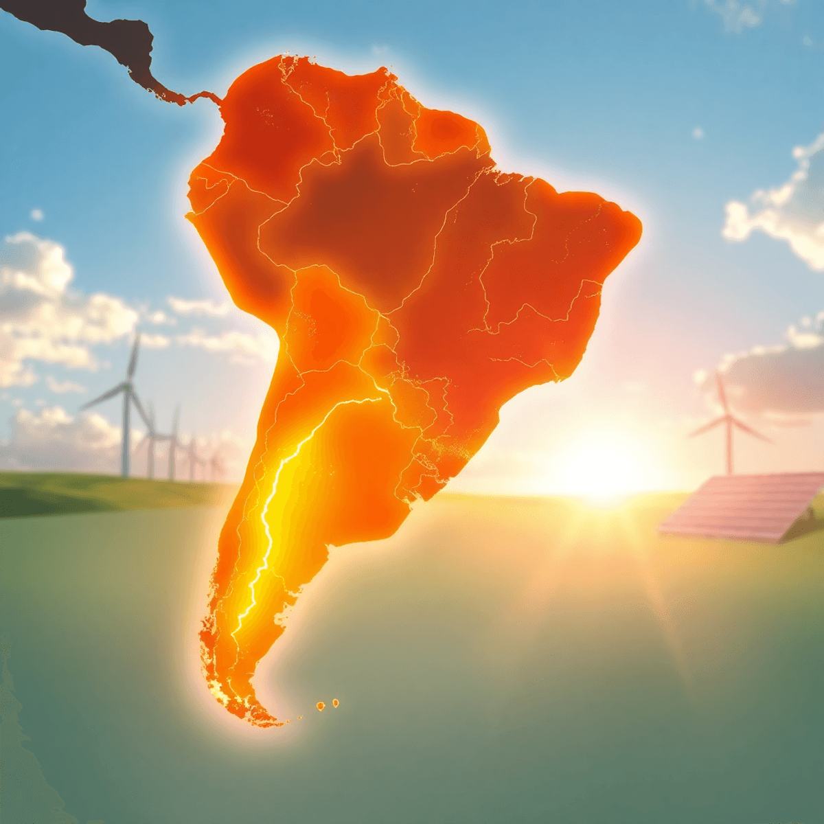 Stylized South America map with glowing copper veins and abstract wind turbines and solar panels under a bright sky symbolizing sustainable energy.