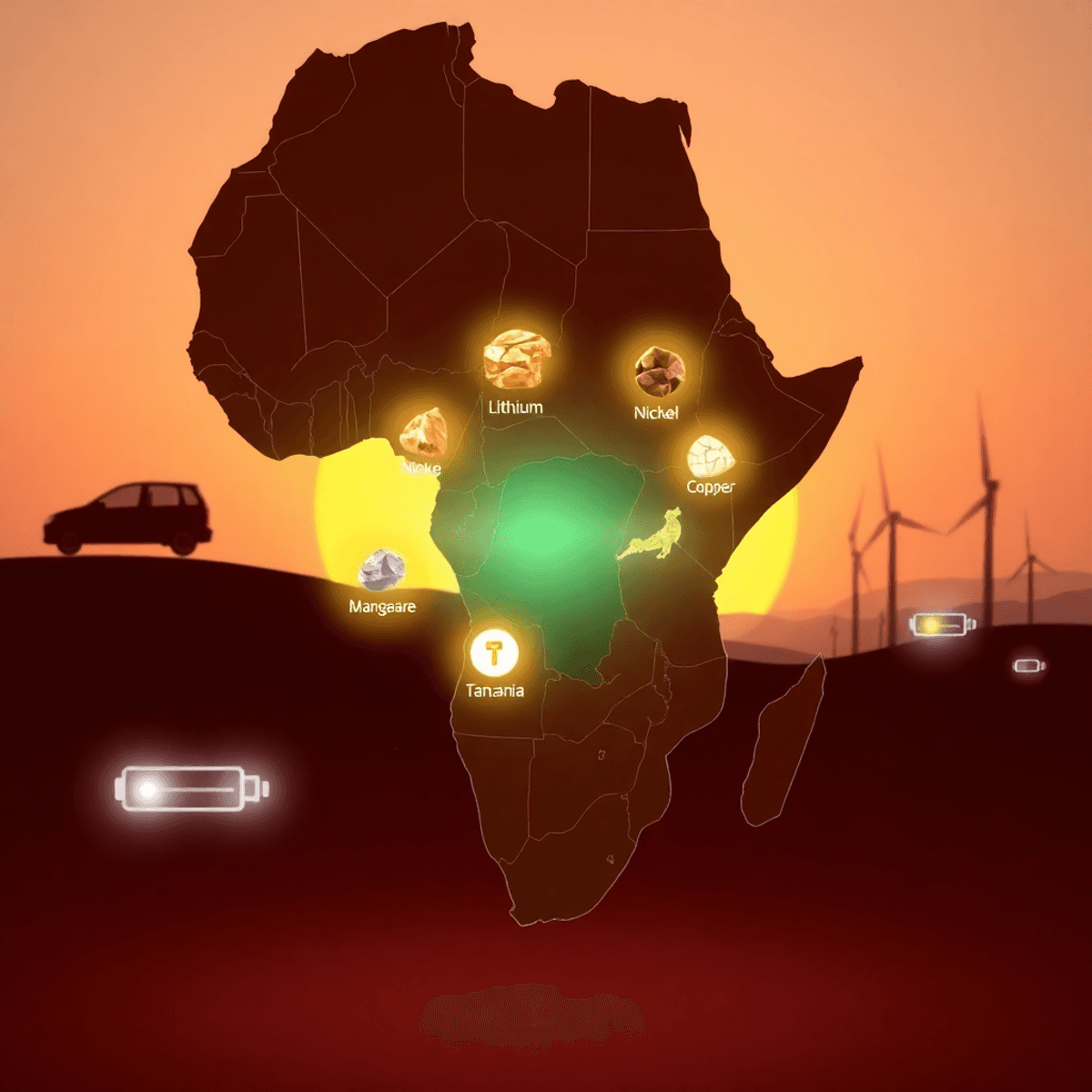 Stylized map of Africa highlighting Tanzania with glowing mineral icons and renewable energy symbols against a sunrise background.