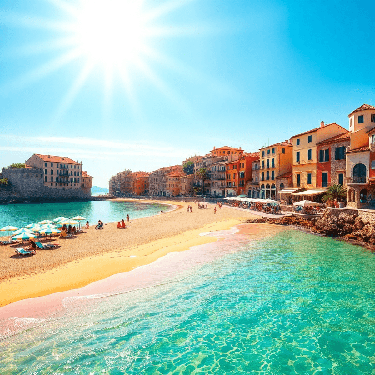 Sunlit Mediterranean beach with turquoise waters, golden sand, colorful umbrellas, historic buildings with terracotta roofs, and a bright blue sky.