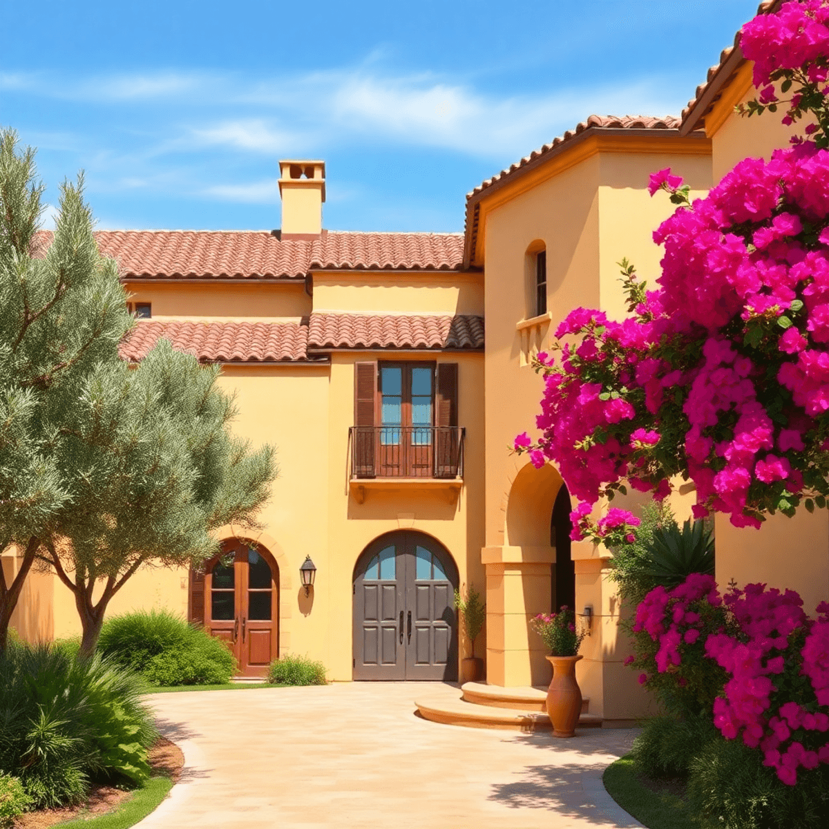 Sunlit Mediterranean villa with terracotta roof, stucco walls, arched doorways, olive trees, and vibrant bougainvillea under a clear blue sky.