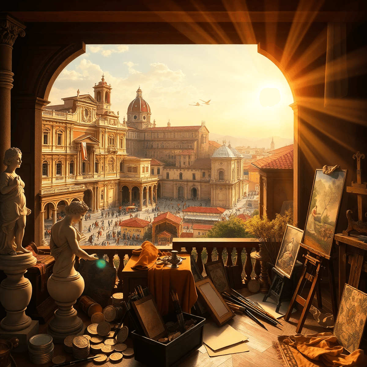 Sunlit Renaissance Italian cityscape with grand palaces, busy markets, and an artist’s studio filled with sculptures, paintbrushes, and golden symb...