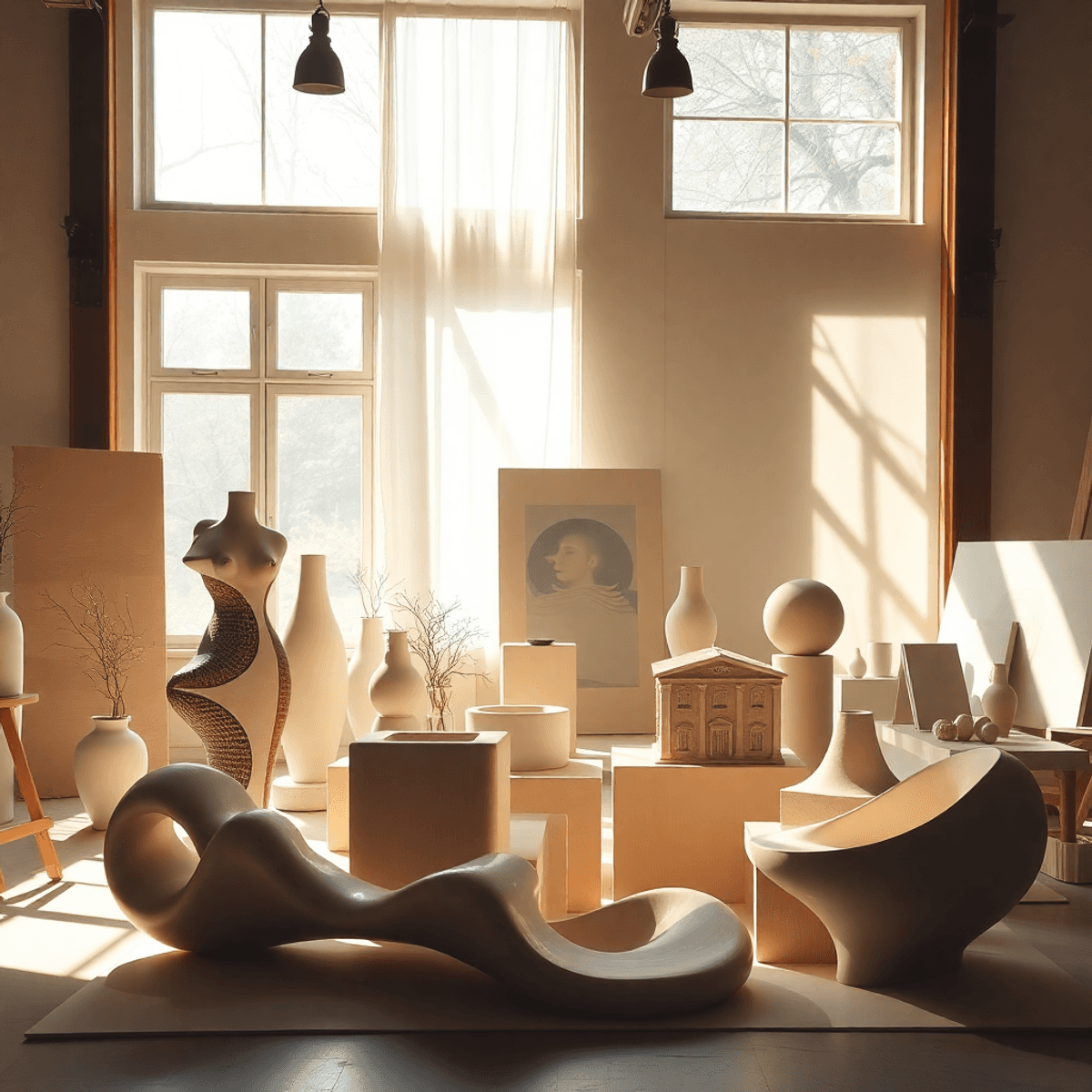 Sunlit artist’s studio with abstract sculptures and architectural models, showcasing soft organic shapes and flowing forms in a harmonious, contemp...
