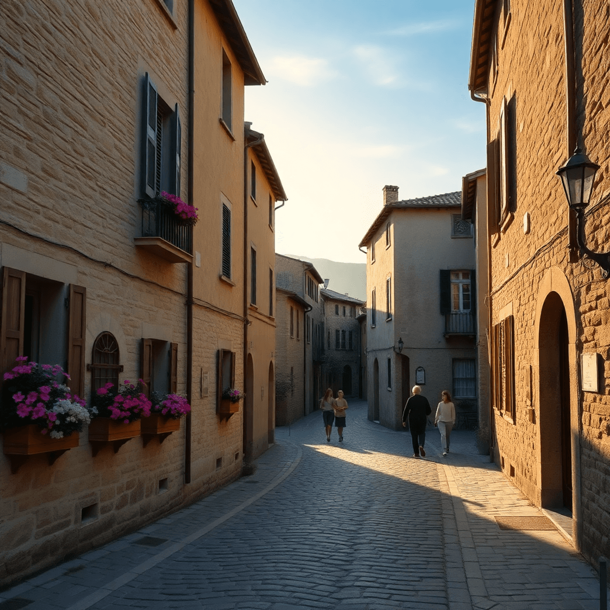 Sunlit cobblestone street in a quaint village with rustic stone houses, blooming flowers, and people strolling peacefully at sunset.