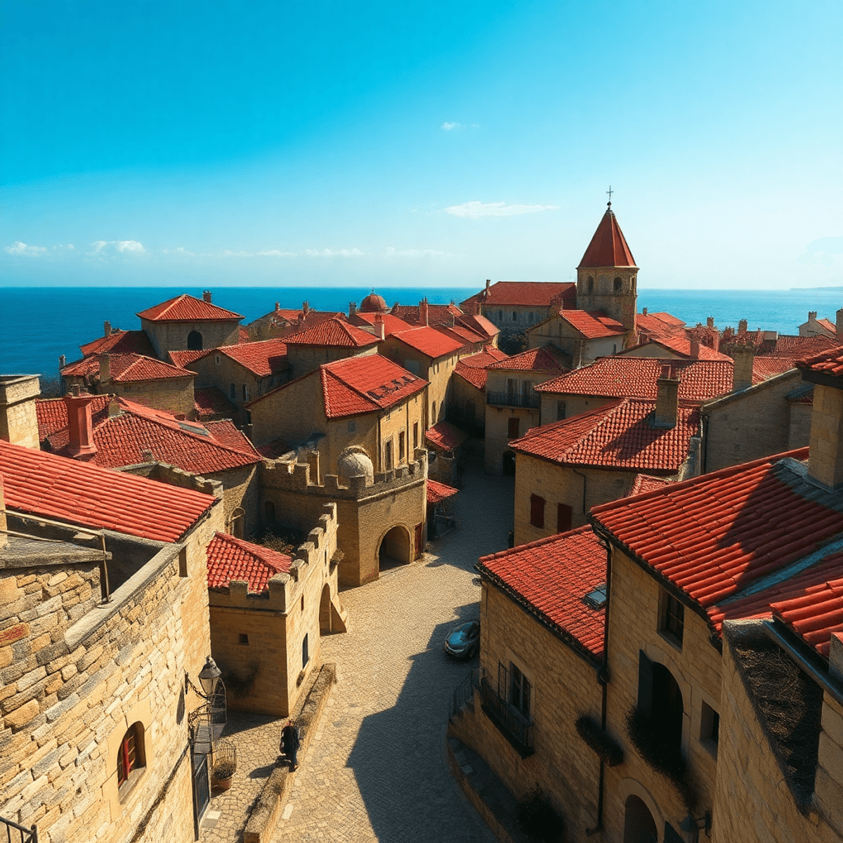 Sunlit medieval coastal city with stone walls, red-tiled roofs, cobblestone streets, and a calm sea under a clear blue sky in a realistic style.