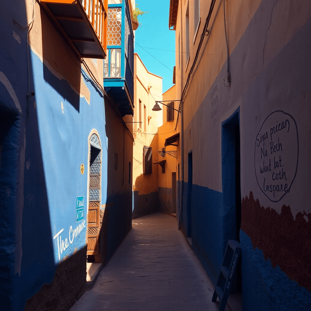 Sunlit narrow alley with blue-washed walls and vibrant textures in a quaint Moroccan town, evoking hidden beauty and quiet exploration.