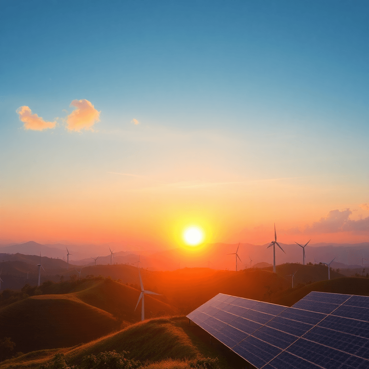 Sunrise over rolling hills with wind turbines and solar panels under clear skies, highlighting renewable energy in a lush landscape.