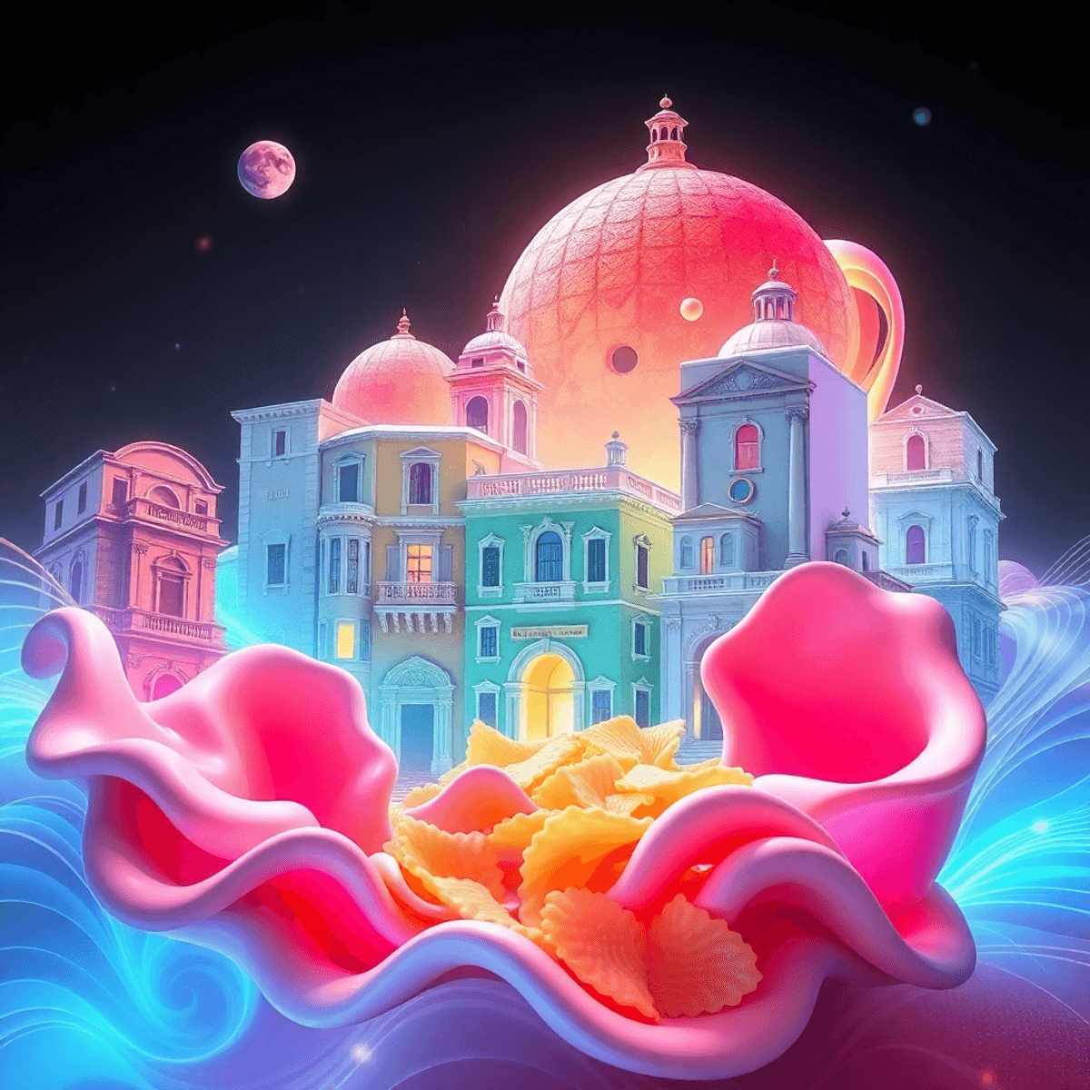 Surreal digital collage of melting Italian architecture blending into whimsical pasta shapes with flowing musical waves and glowing light effects i...