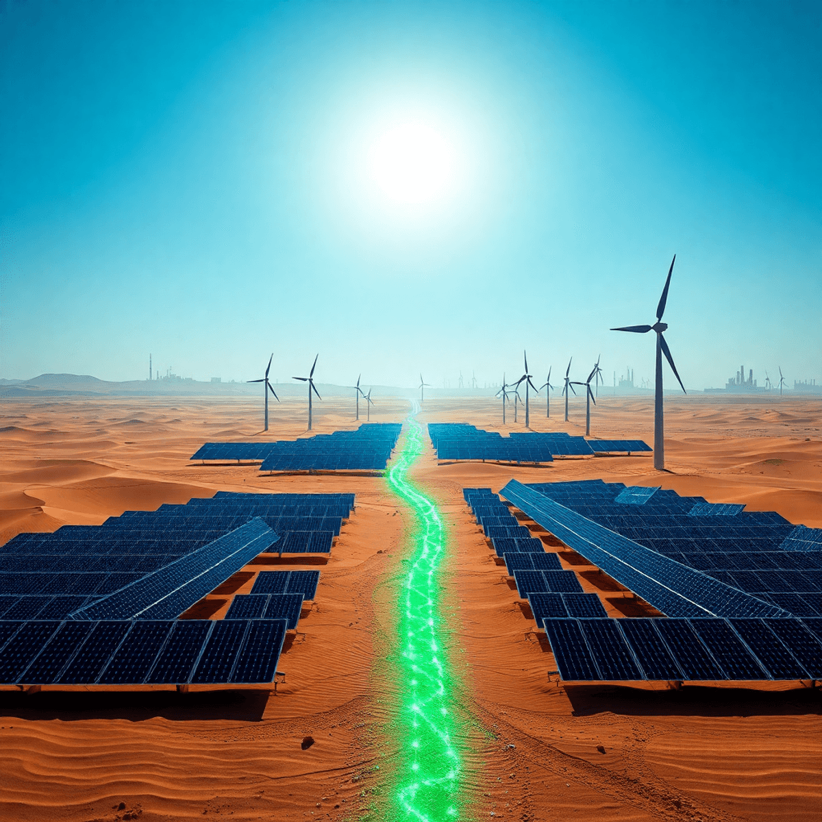 Vast desert with solar panels, wind turbines, glowing pipeline symbolizing green hydrogen transport to distant industrial silhouettes under a clear...