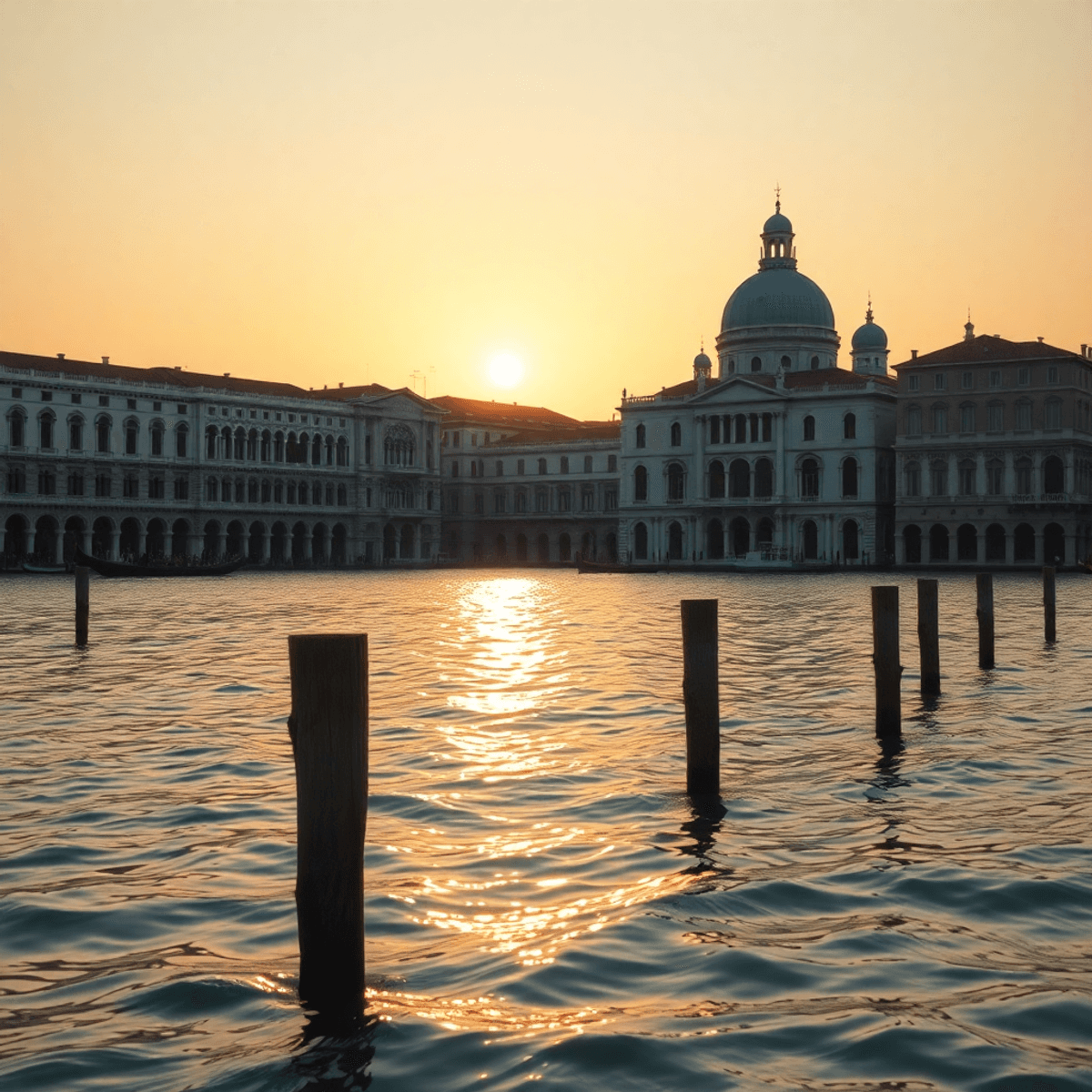 Venetian marble palaces with Gothic arches and Renaissance domes reflect in a shimmering lagoon at sunset, bathed in warm golden light with wooden ...