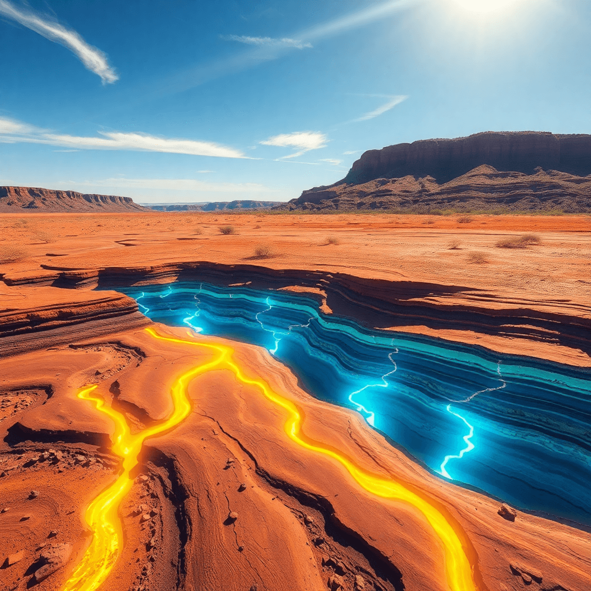 Vibrant Australian outback with layered clay soil and glowing mineral veins under a bright sky with subtle sunrays symbolizing energy and innovation.