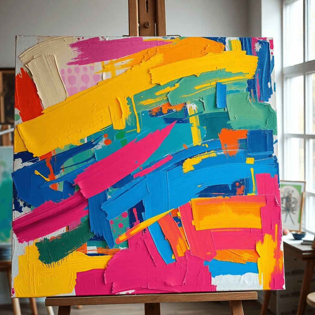 Vibrant abstract painting palette with bold brushstrokes and layered textures in a softly lit studio, symbolizing seven decades of artistic creativ...