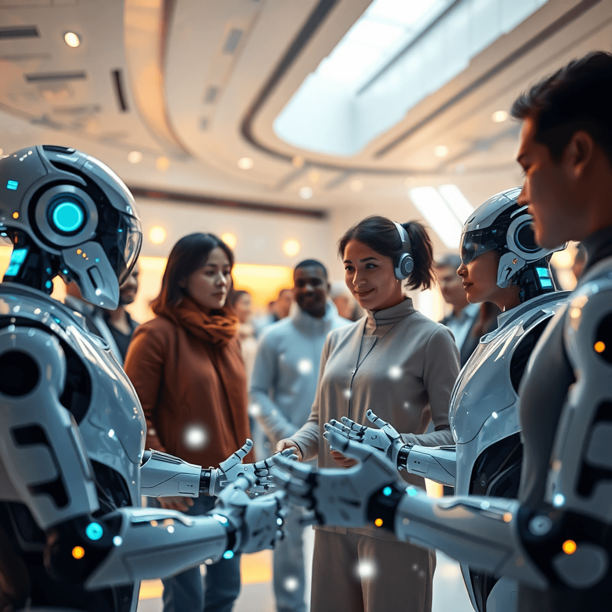 A futuristic scene of people interacting with sleek robots in a bright space, with glowing digital elements symbolizing AI enhancing human collabor...