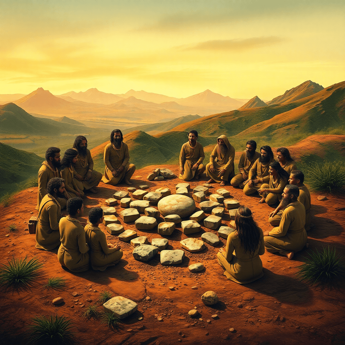 A photograph of a symbolic ancient gathering around stone circle in nature, with diverse figures sharing decisions amid harmonious landscapes in wa...