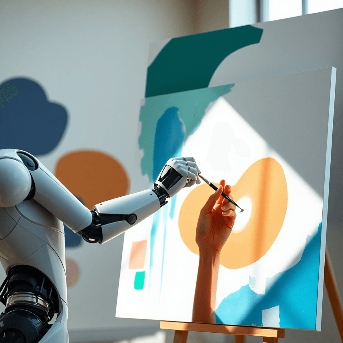 A robotic arm and human hand painting together on a large canvas, surrounded by abstract shapes, illuminated by soft natural light.
