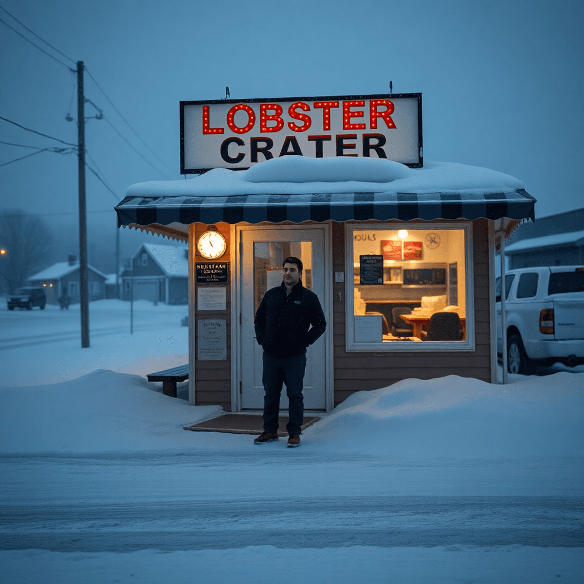 A solitary restaurant manager stands outside a snow-covered lobster shack at dusk, with warm glowing lights inside and gentle snow falling around.