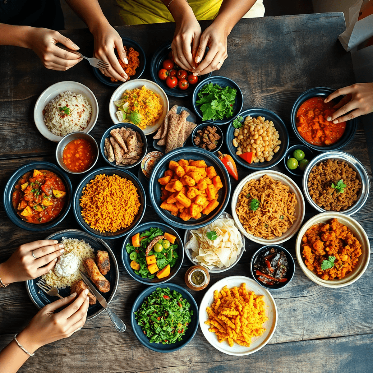A vibrant spread of traditional dishes on a rustic wooden table with hands sharing food, warm natural lighting highlights cultural connection and s...