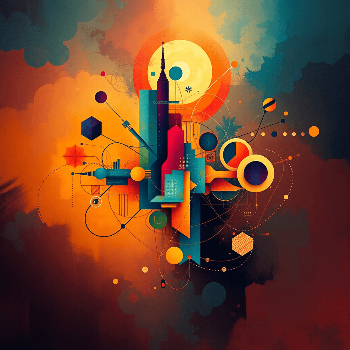 Abstract composition with interconnected geometric shapes and flowing lines blending architecture, technology, and cultural motifs on a dynamic war...