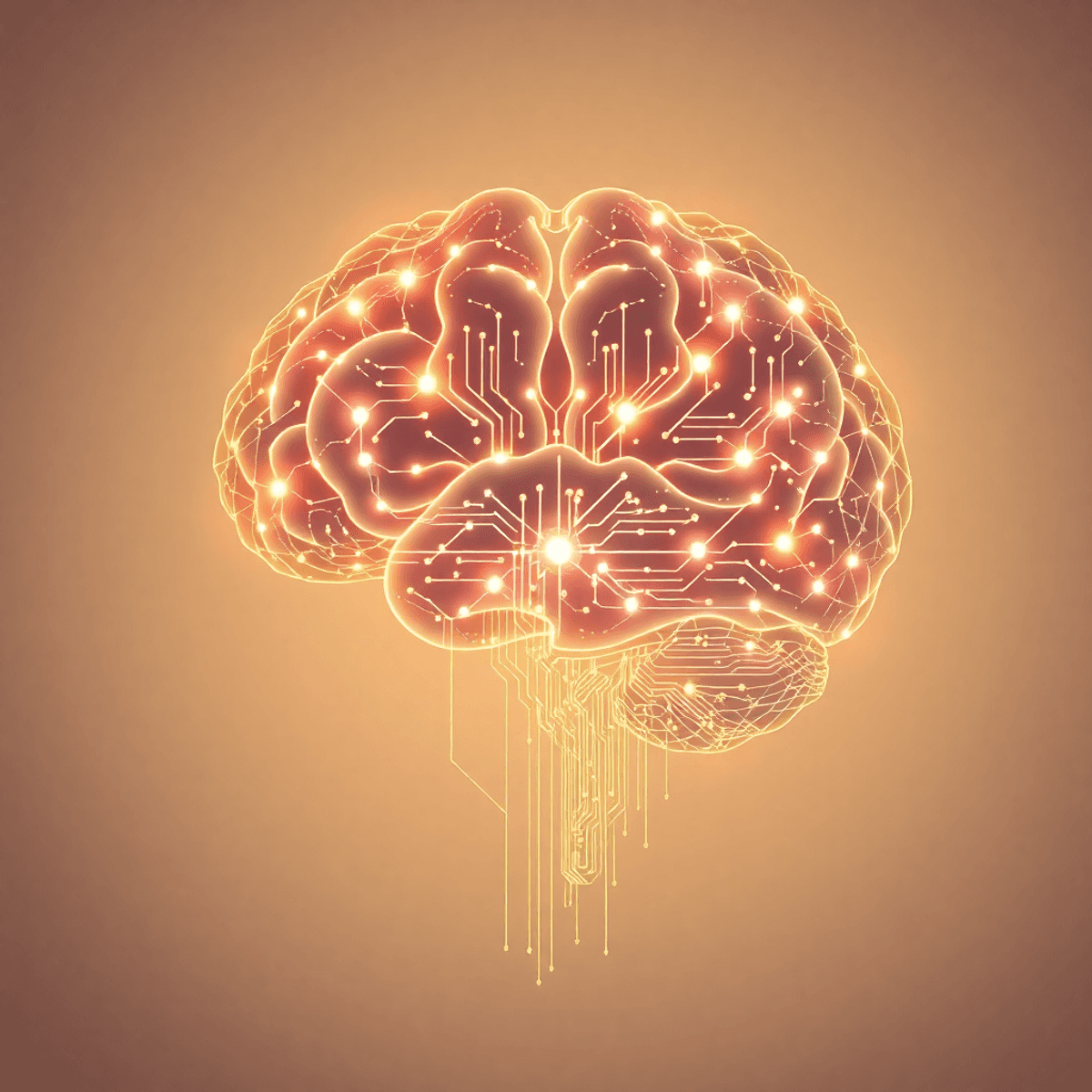 Abstract human brain shapes intertwined with glowing digital circuits and geometric patterns on a soft gradient background symbolizing technology a...
