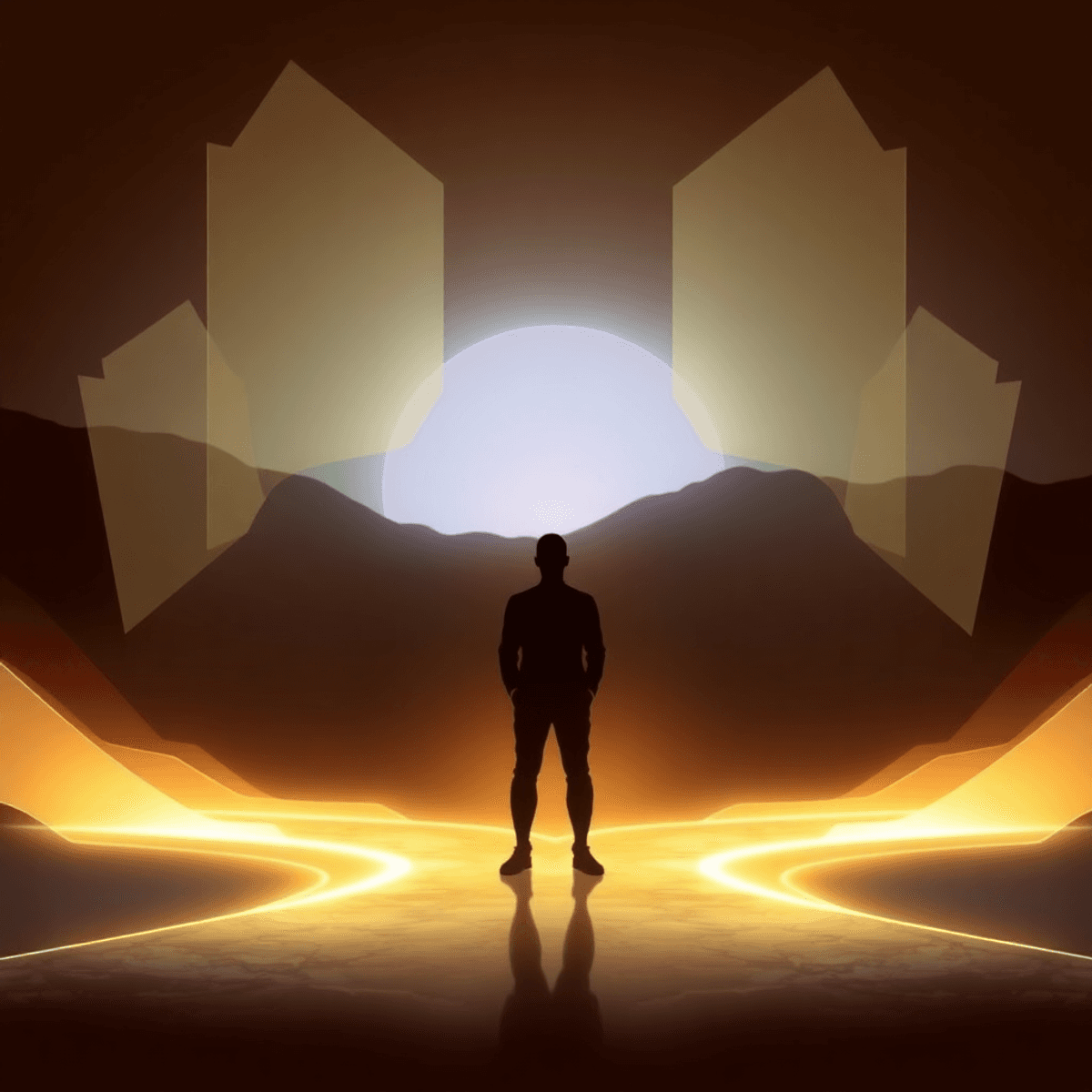 Abstract human figure at glowing crossroads, surrounded by translucent shapes and a sunrise backdrop, symbolizing transformation and new aspiration...