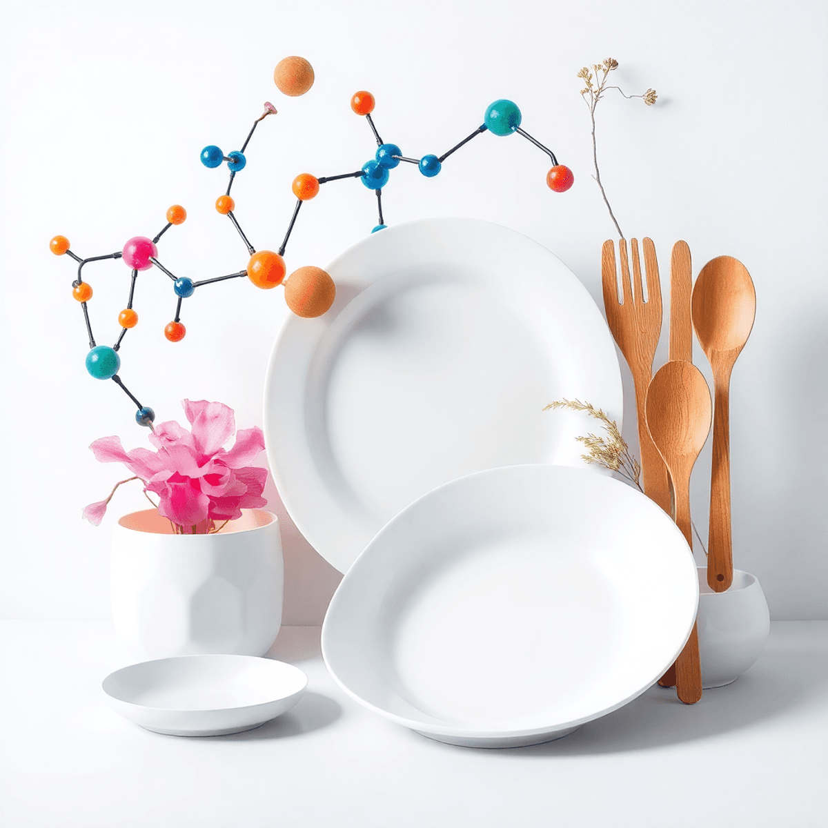 Abstract molecular structures intertwined with stylized plates and utensils on a clean, modern background symbolizing innovation and sustainability...