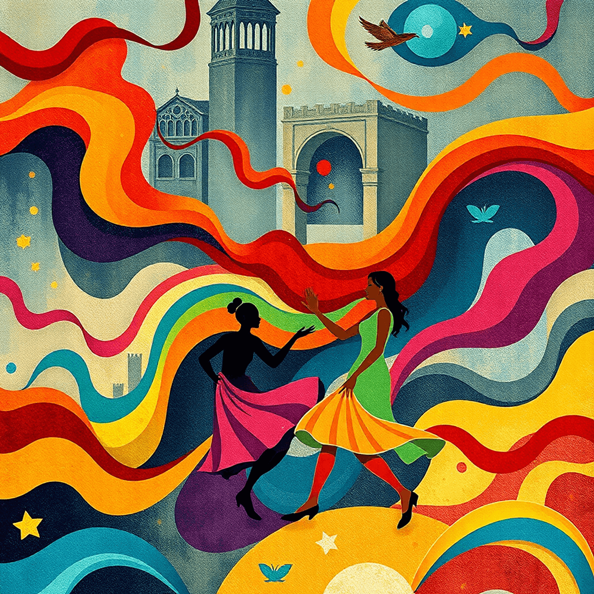 Abstract photograph of vibrant, flowing shapes and lines blending dance, architecture, and nature in dynamic, colorful patterns symbolizing motion ...