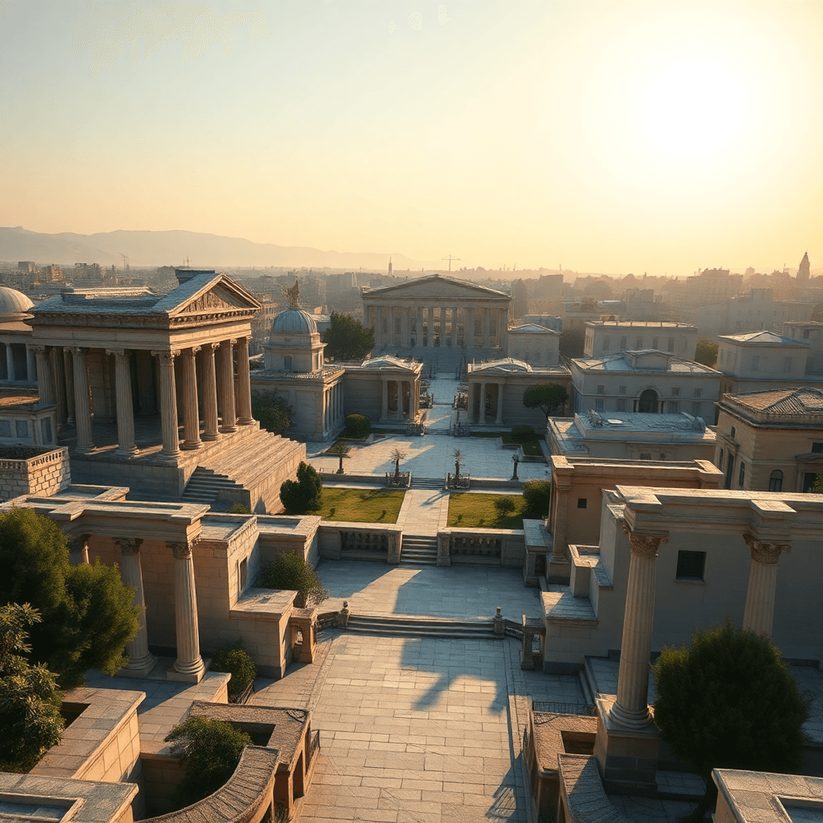 Ancient Greek cityscape at dawn with temples, stone columns, olive branches, and laurel wreaths bathed in soft sunlight, symbolizing culture and go...