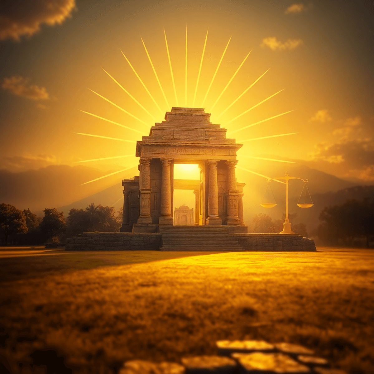 Ancient stone monument glowing in golden light, surrounded by abstract symbols of wealth and balance, set in a serene natural landscape.