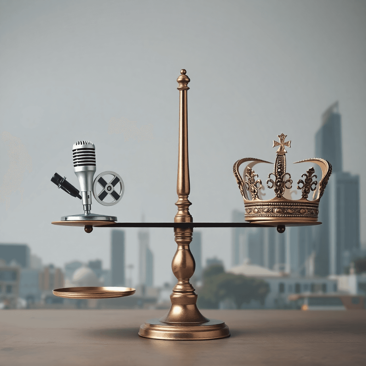 Balanced scale with media icons on one side and symbols of power on the other, set against a blend of cultural artifacts and a modern cityscape.
