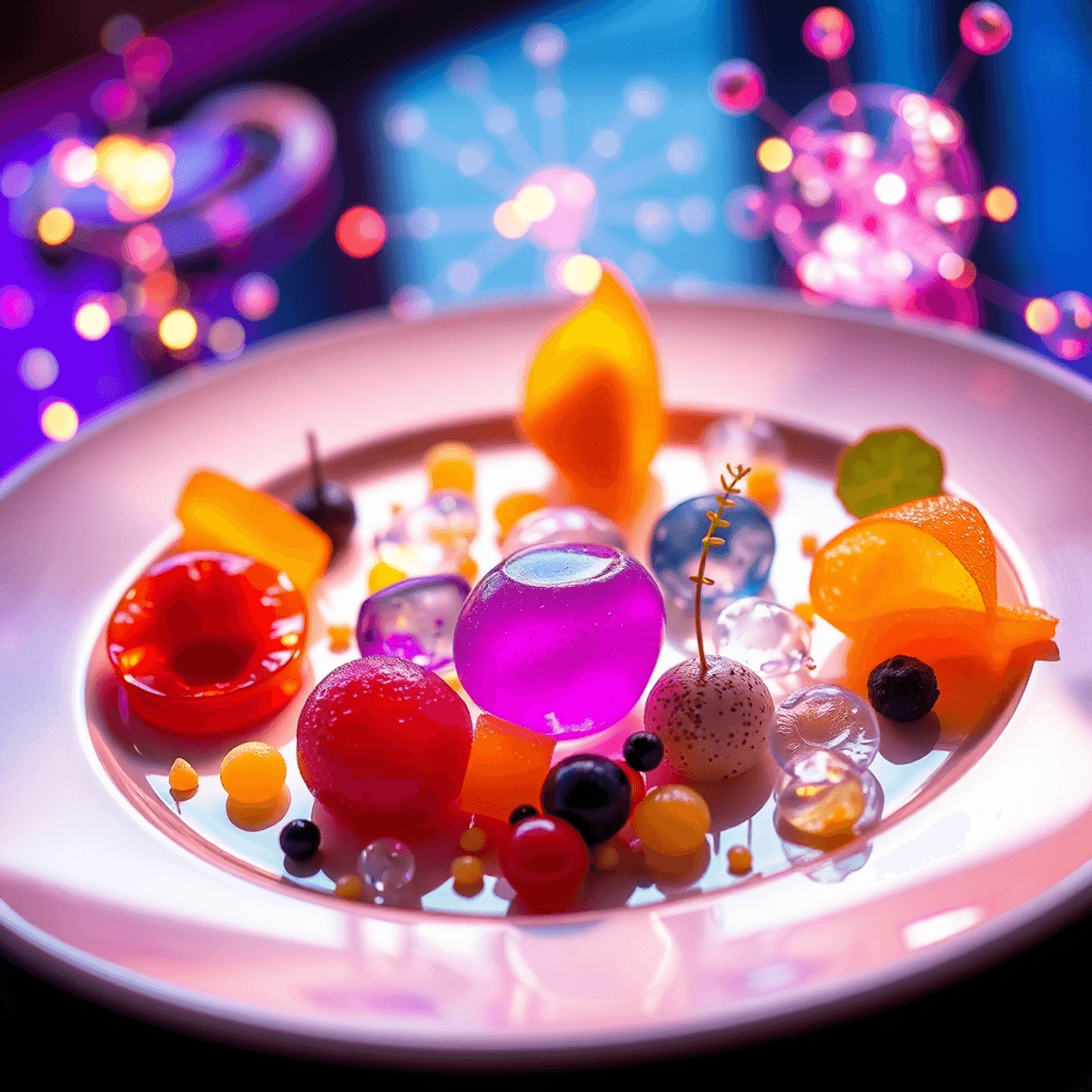 Close-up of a futuristic dining plate with colorful molecular gastronomy food, surrounded by glowing nano particles and translucent nanotech struct...