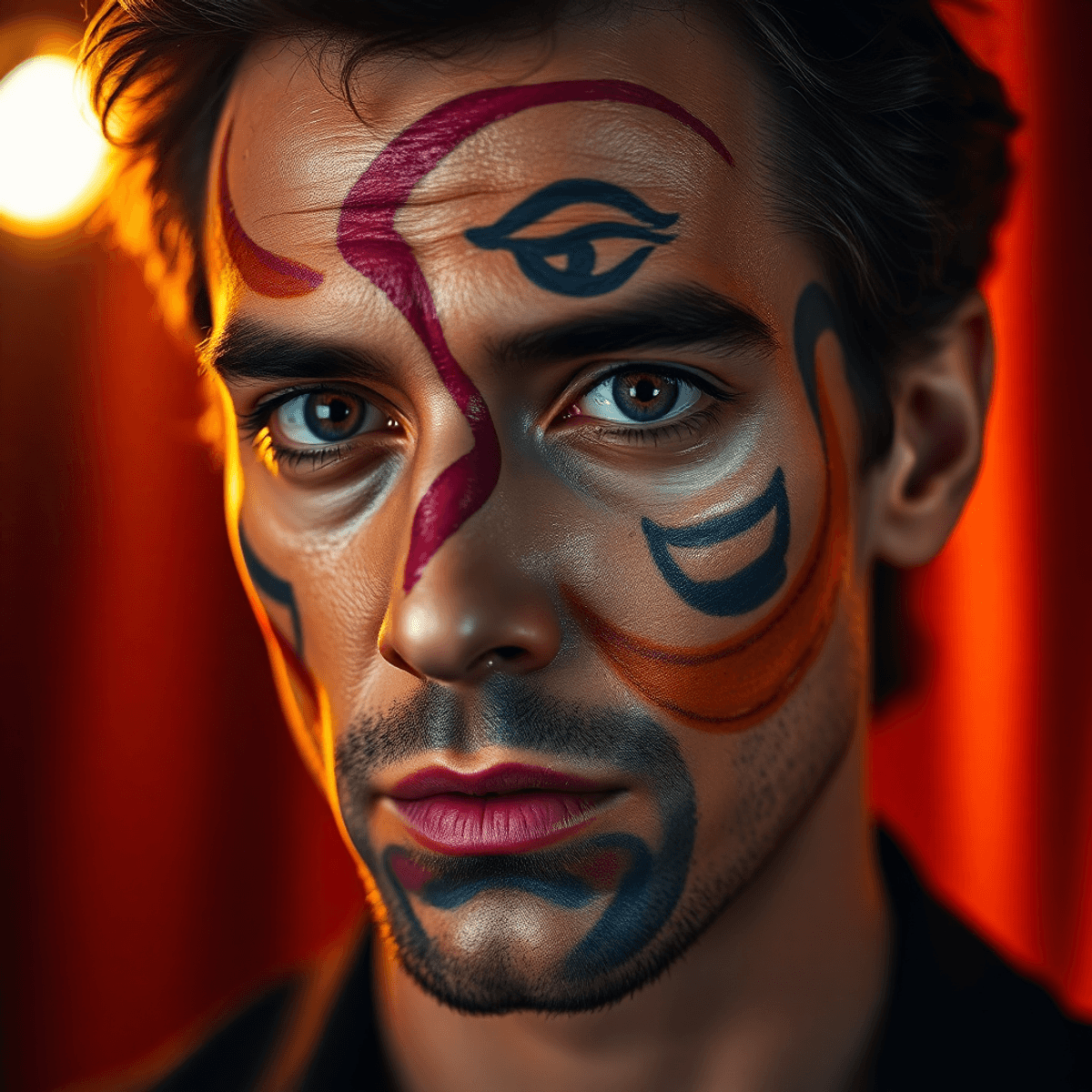 Close-up of an actor's face mid-transformation with expressive eyes, subtle makeup blending into swirling colors; warm, blurred background evokes i...