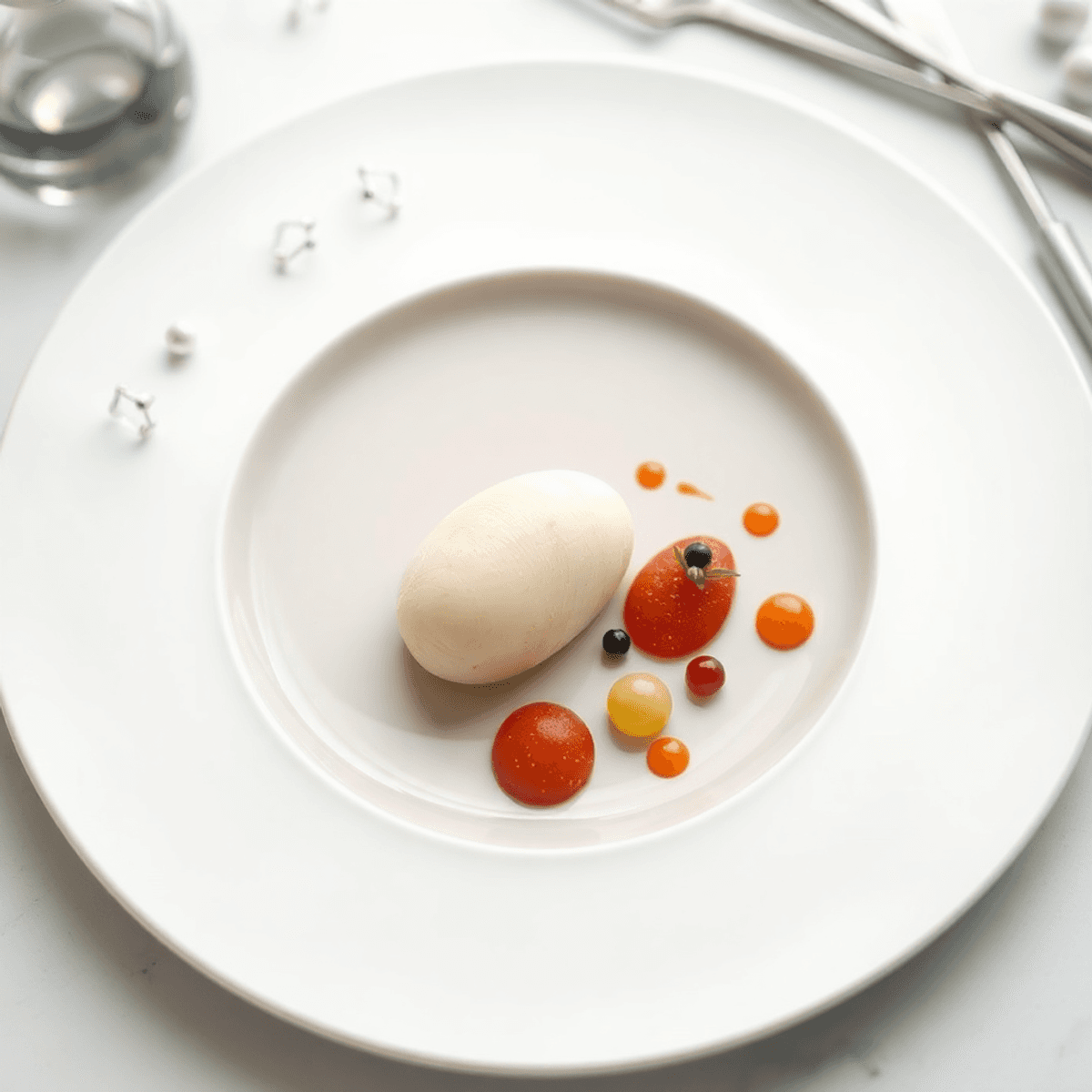 Close-up of an elegant miniature gourmet dish on a minimalist plate with abstract molecular structures and delicate kitchen tools on a clean, moder...