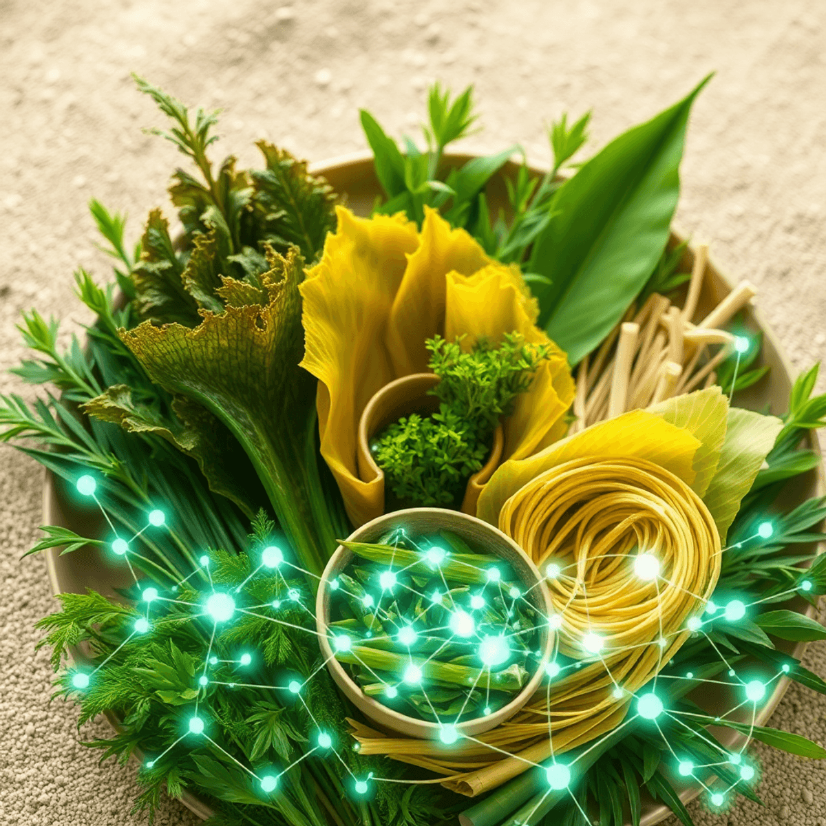 Close-up of biodegradable seaweed wraps and palm leaf bowls with green bamboo and hemp fibers, intertwined with glowing neural network patterns on ...