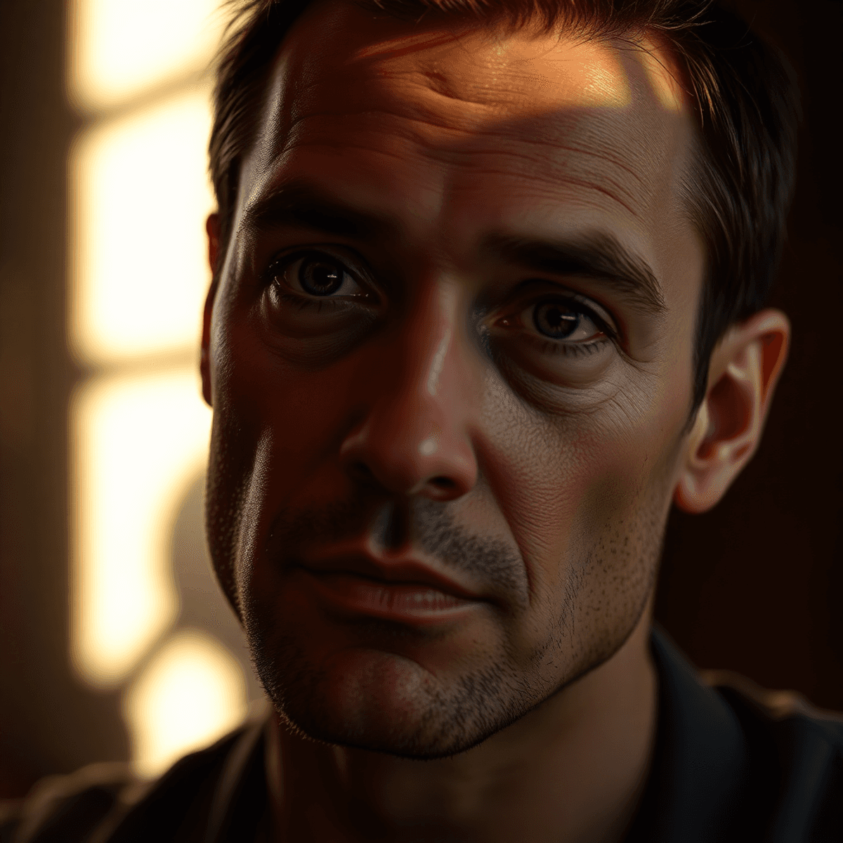 Close-up portrait of a thoughtful male actor with expressive eyes, soft cinematic lighting, and abstract shapes in the background symbolizing story...