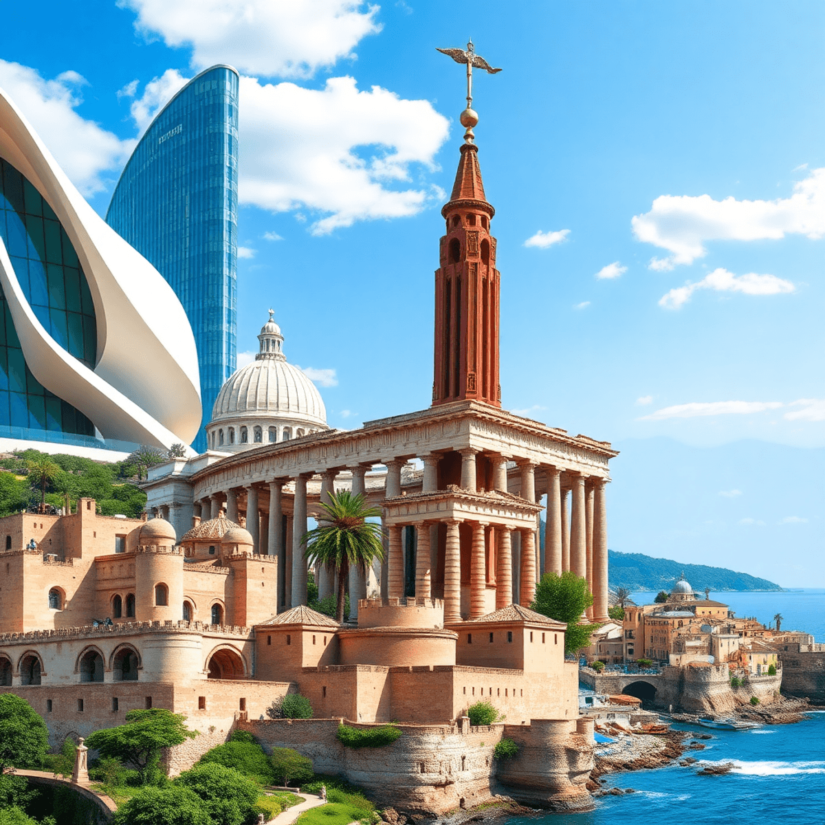 Collage of iconic global landmarks blending modernist, ancient Roman, and medieval coastal architecture with lush greenery and clear skies.