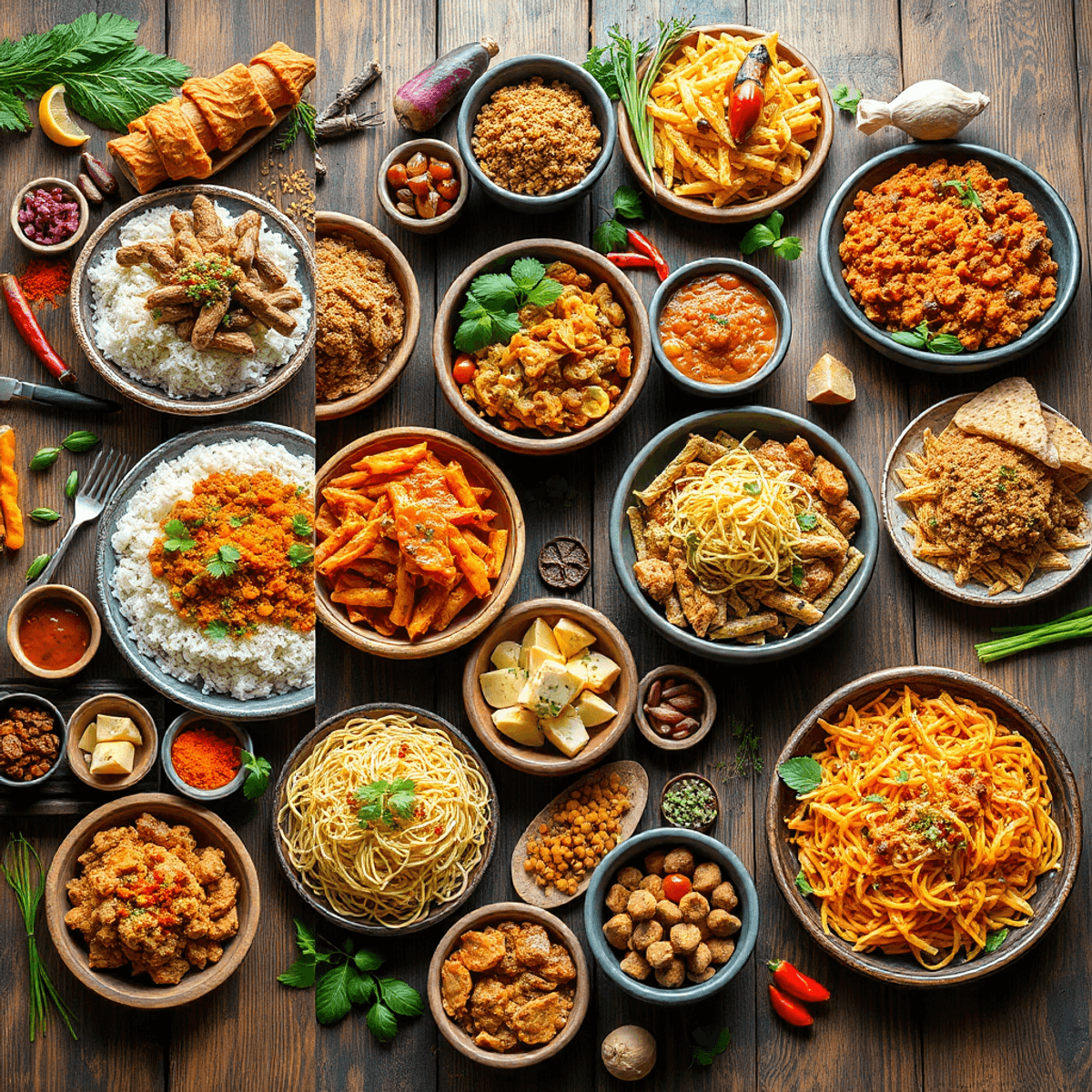 Collage of traditional dishes from around the world on wooden tables with fresh spices, herbs, and vegetables in warm natural light.