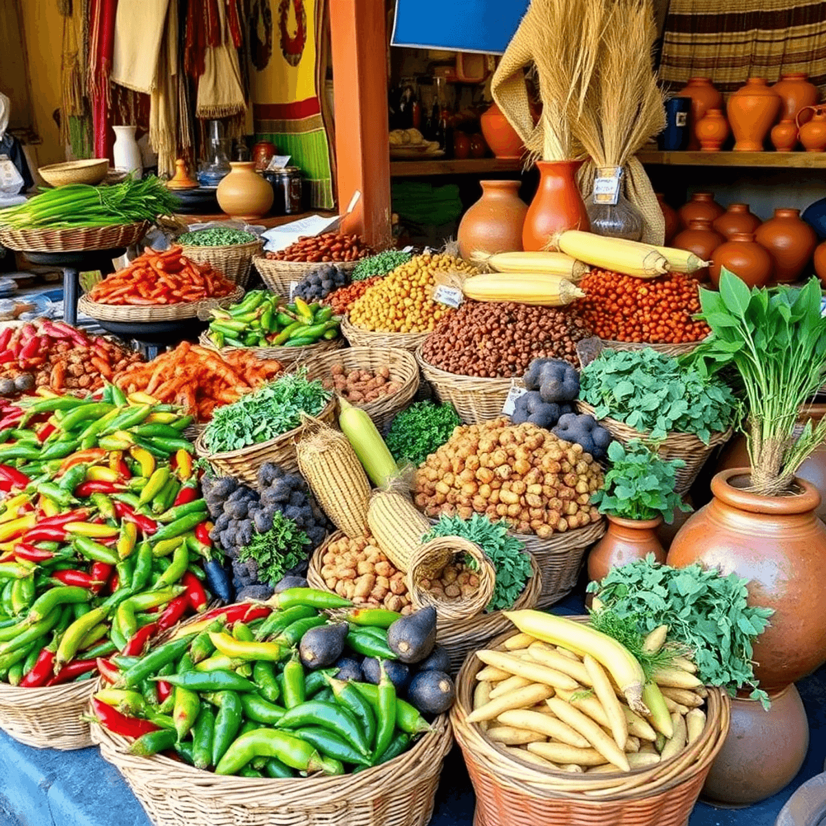Colorful Oaxaca market scene with baskets of chili peppers, corn, chocolate pods, and herbs, lit by warm natural light, with woven textiles and pot...
