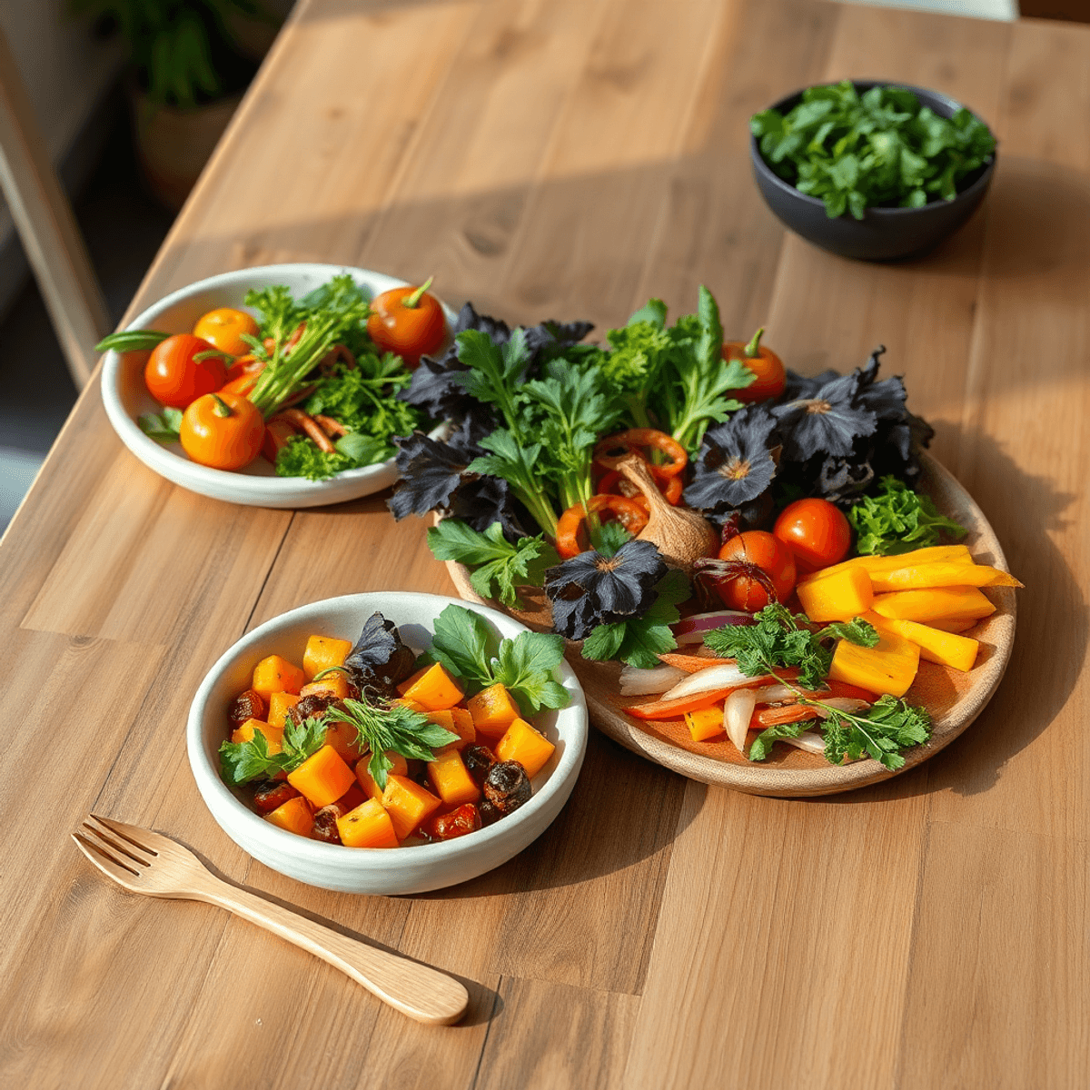 Colorful fresh vegetables and herbs on ceramic plates with bamboo and seaweed utensils, displayed on a rustic wooden table in soft natural light.