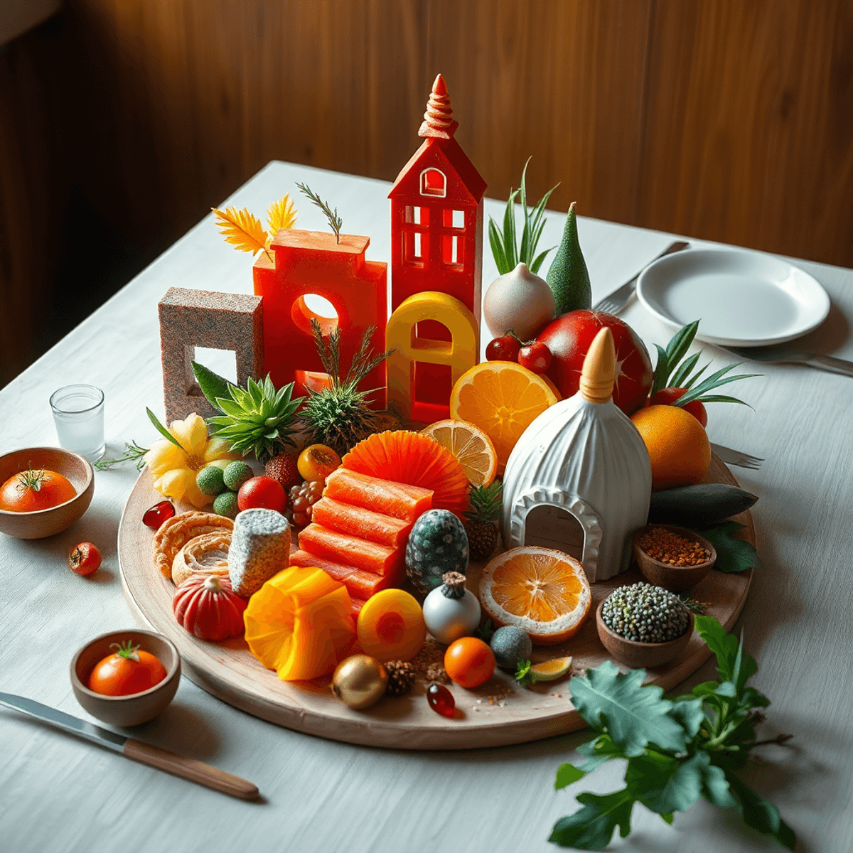 Colorful sculptural food on a minimalist eco-friendly table with natural textures and soft lighting, evoking a creative and sustainable dining expe...