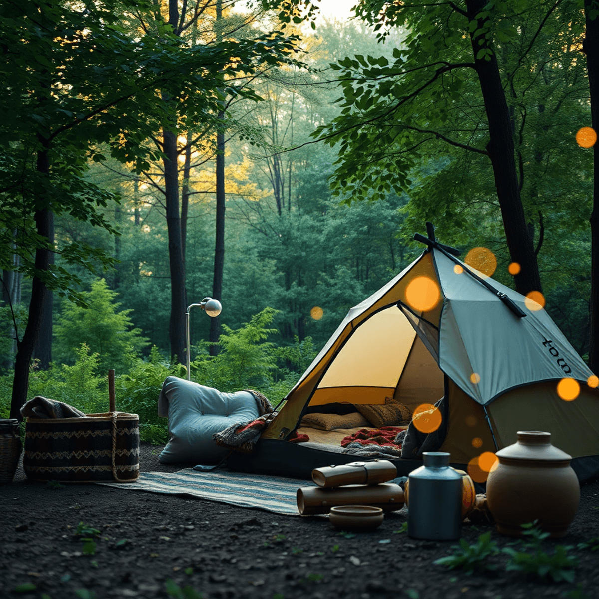 Cozy eco-friendly campsite in lush forest with warm light, handcrafted pottery, and glowing light trails symbolizing creativity and mindful explora...