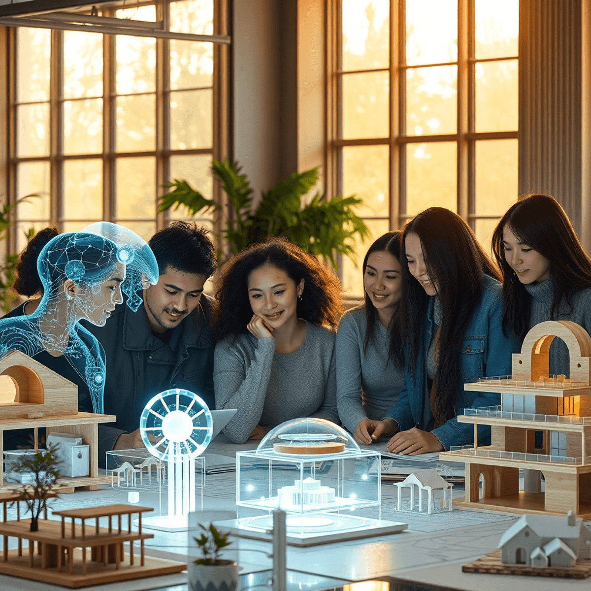 Designers collaborate with glowing AI holograms amid eco-friendly architectural models in a sunlit, futuristic workspace.