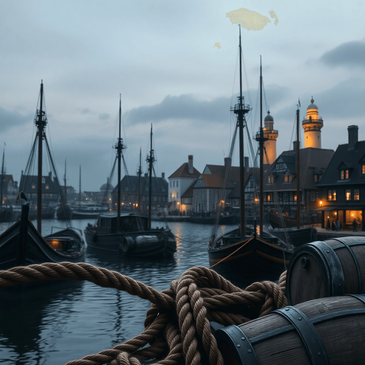 Dusk harbor with medieval merchant ships docked by fortified trading houses, glowing lighthouses, calm waters, ropes, and barrels symbolizing histo...