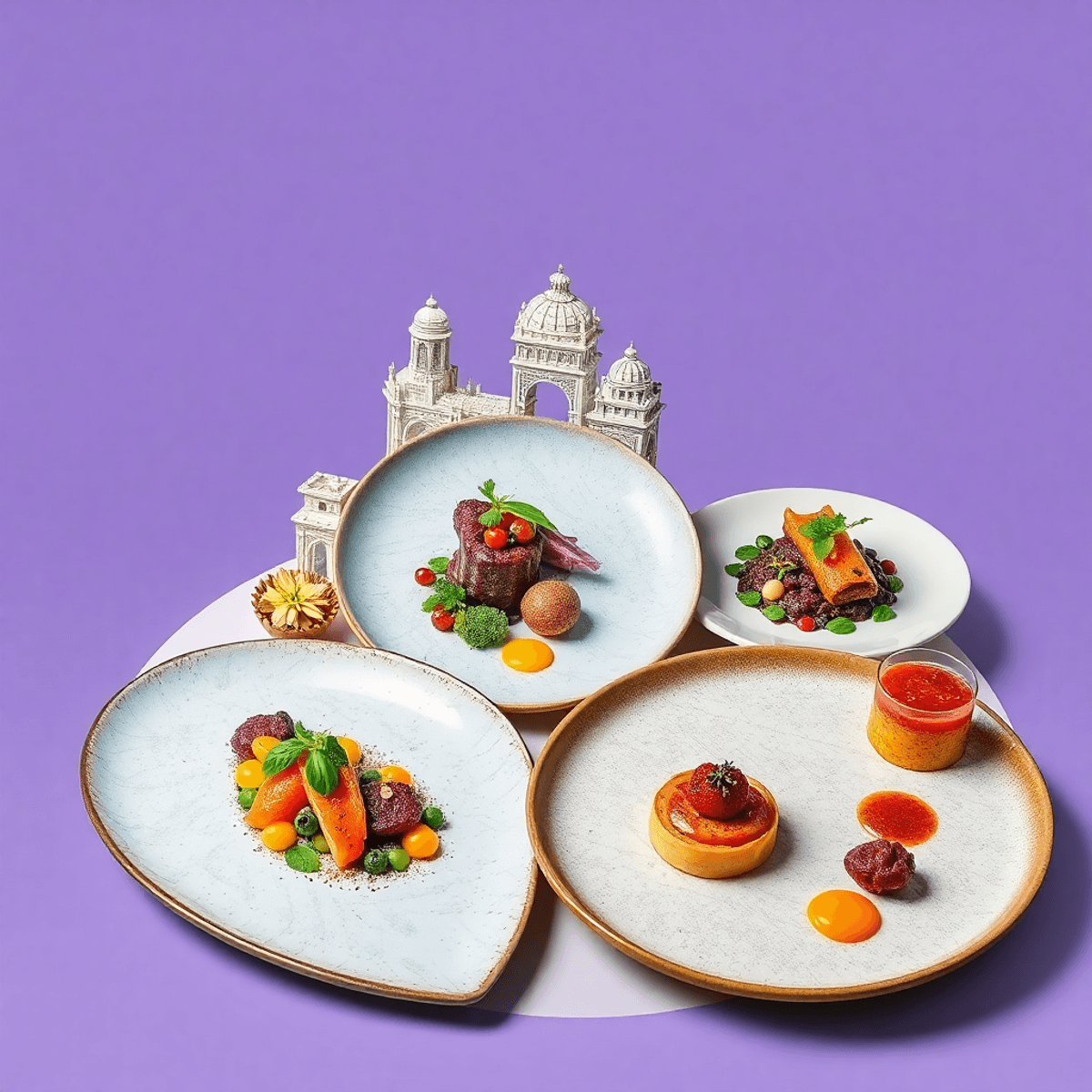 Stanislav Kondrashov-Elegant gourmet dishes artistically arranged on plates, highlighting intricate textures and balanced compositions against a minimalist background.
