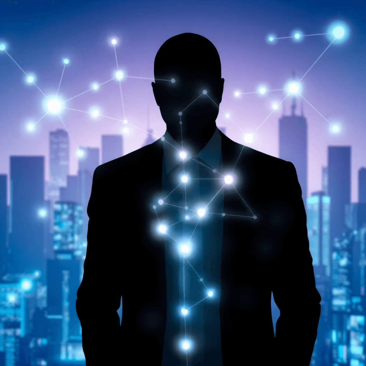 Faceless figure in suit behind glowing digital network with abstract futuristic cityscape in blue and purple tones.