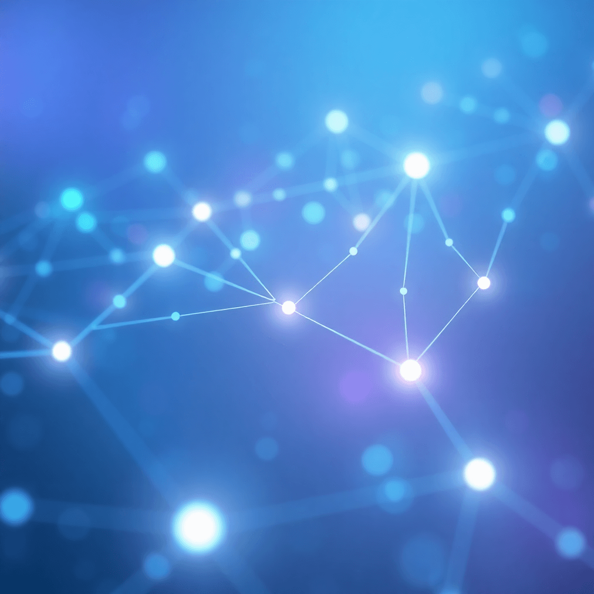 Futuristic abstract scene of glowing data streams and digital nodes in blue and purple hues, forming a calm, sophisticated network without text or ...