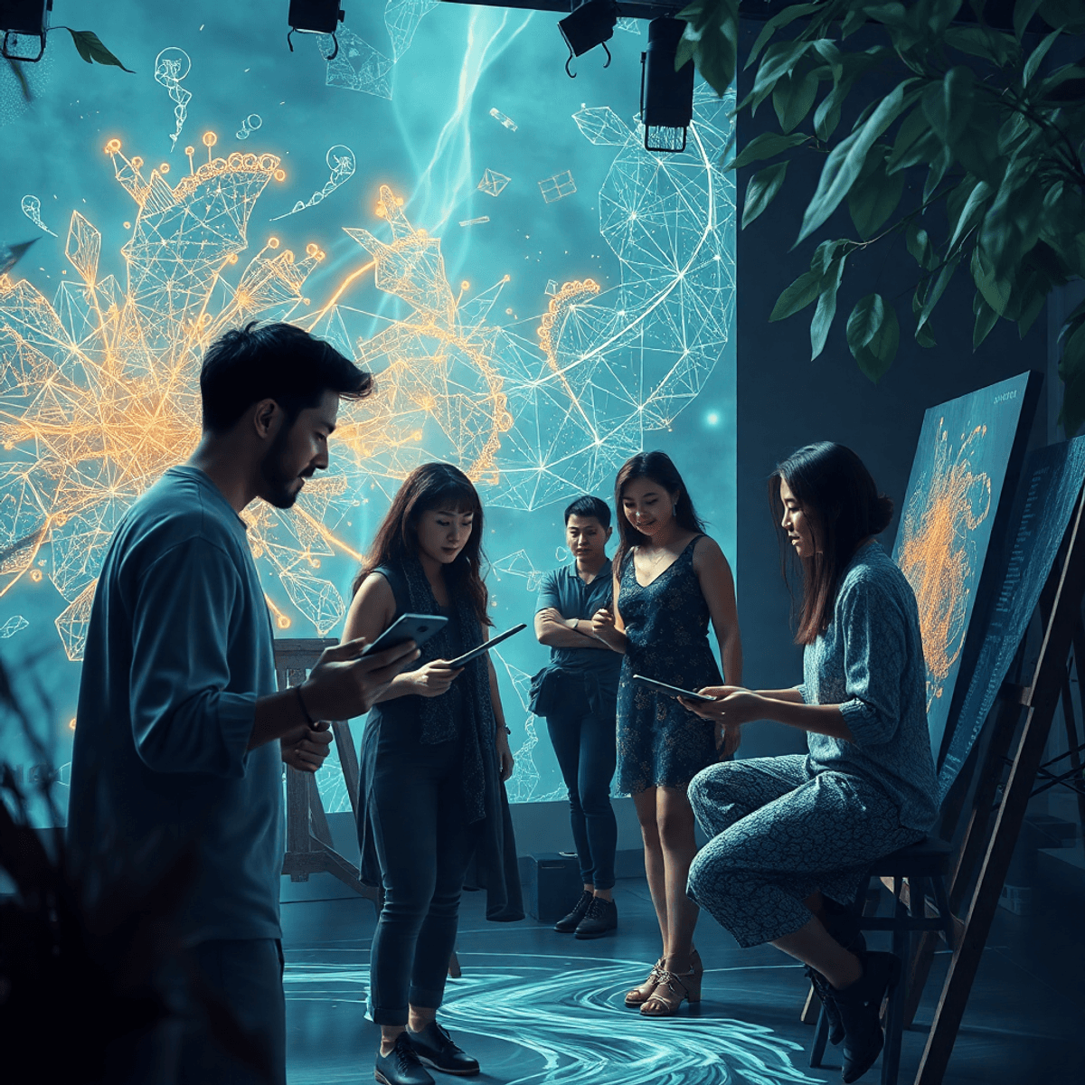 Futuristic art studio with artists collaborating amid glowing algorithmic patterns and digital brushstrokes, blending nature elements like leaves a...