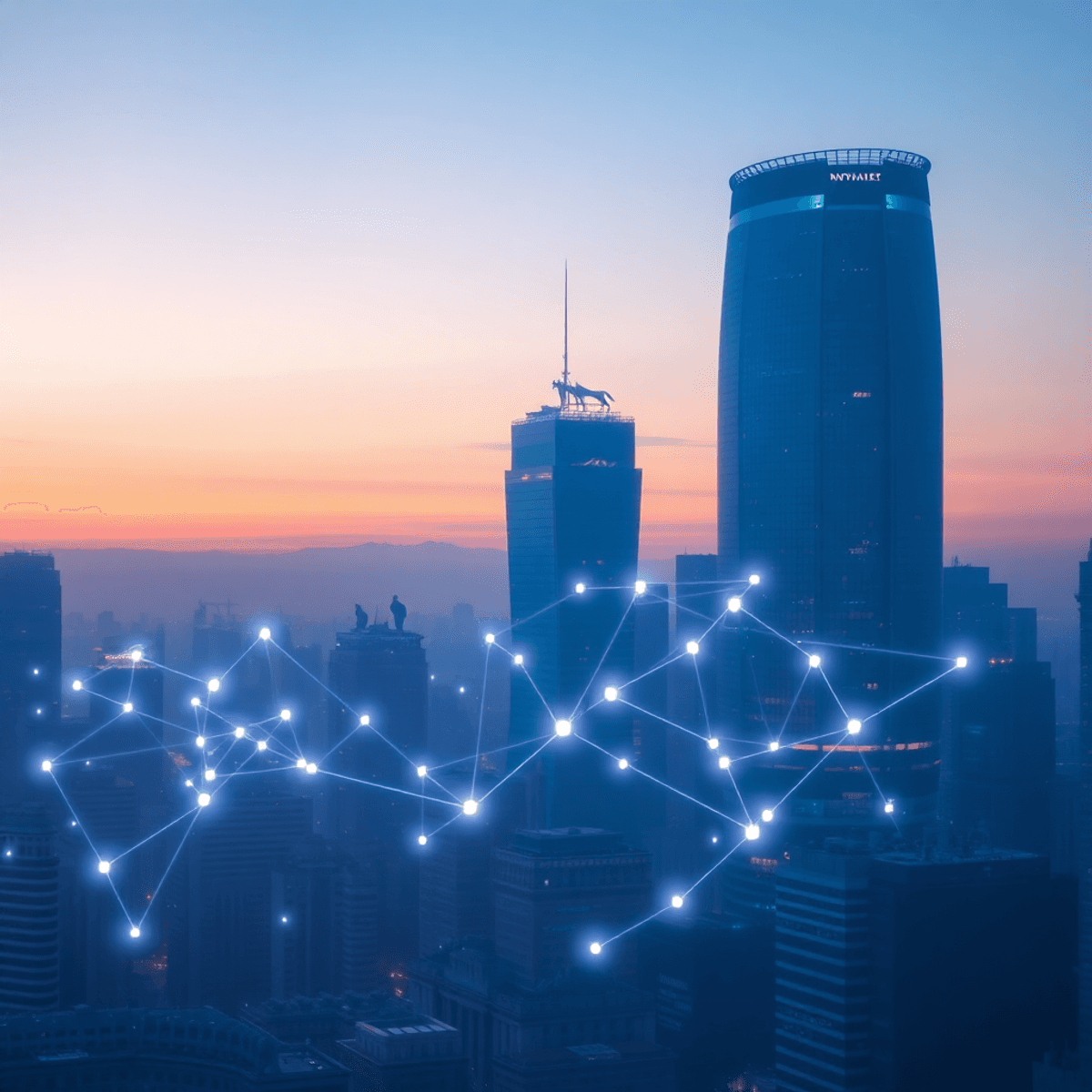 Futuristic cityscape at dusk with glowing network lines, classical statues, holographic data streams, and cool blue-purple tones in a photographic ...