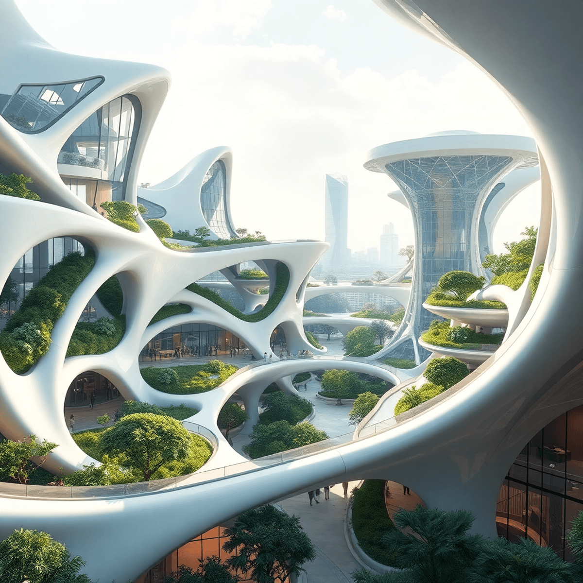 Futuristic cityscape with flowing organic shapes, sleek high-tech buildings, smart adaptive structures, and integrated greenery bathed in soft natu...